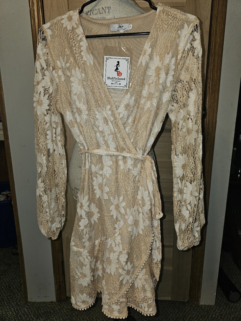 Cream Floral Lace Wrap Dress
